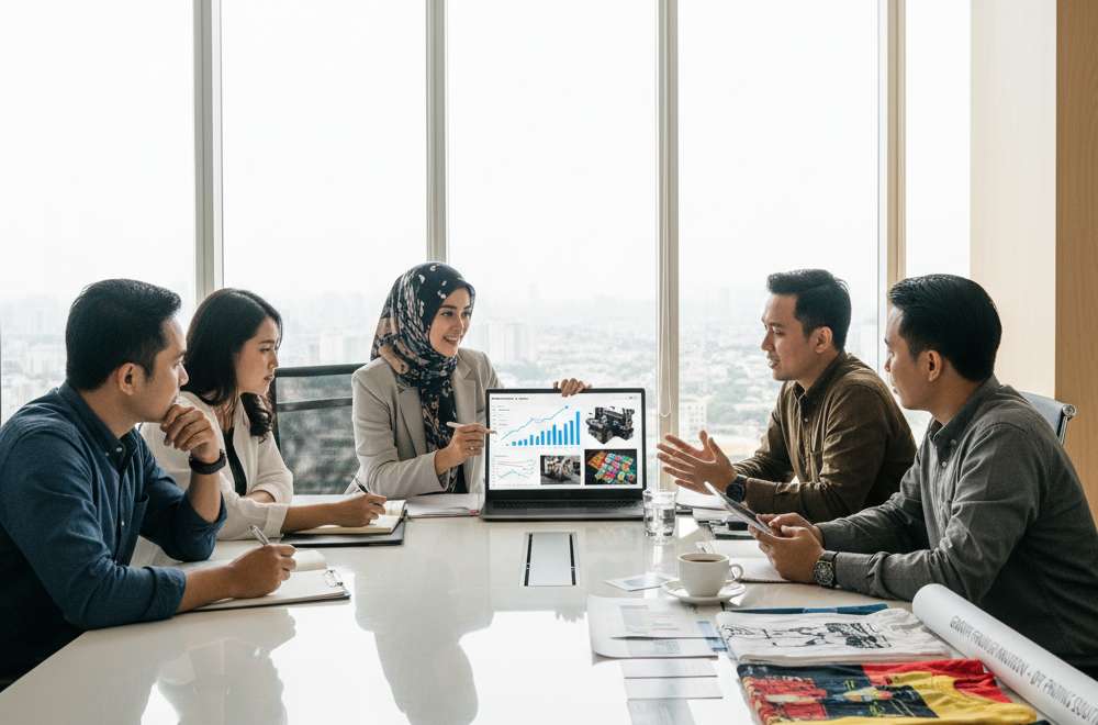 Tim Bisnis Sedang Berdiskusi Di Ruang Meeting Dengan Presentasi Grafik Pertumbuhan Dan Contoh Hasil Sablon Di Atas Meja